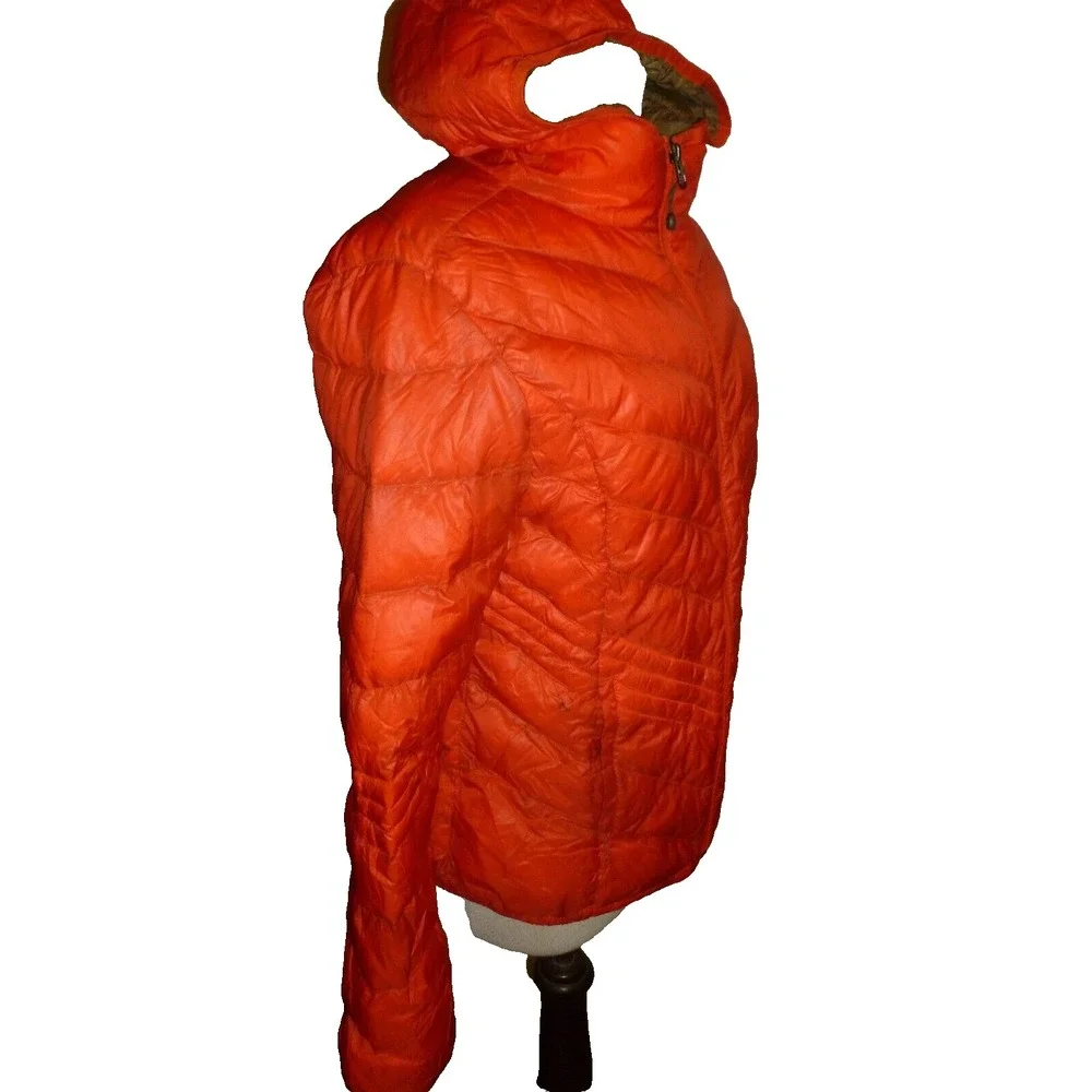 Orange Hooded Puffer‎ Jacket Quilted Full Zip Winter Coat Goose Down Womens